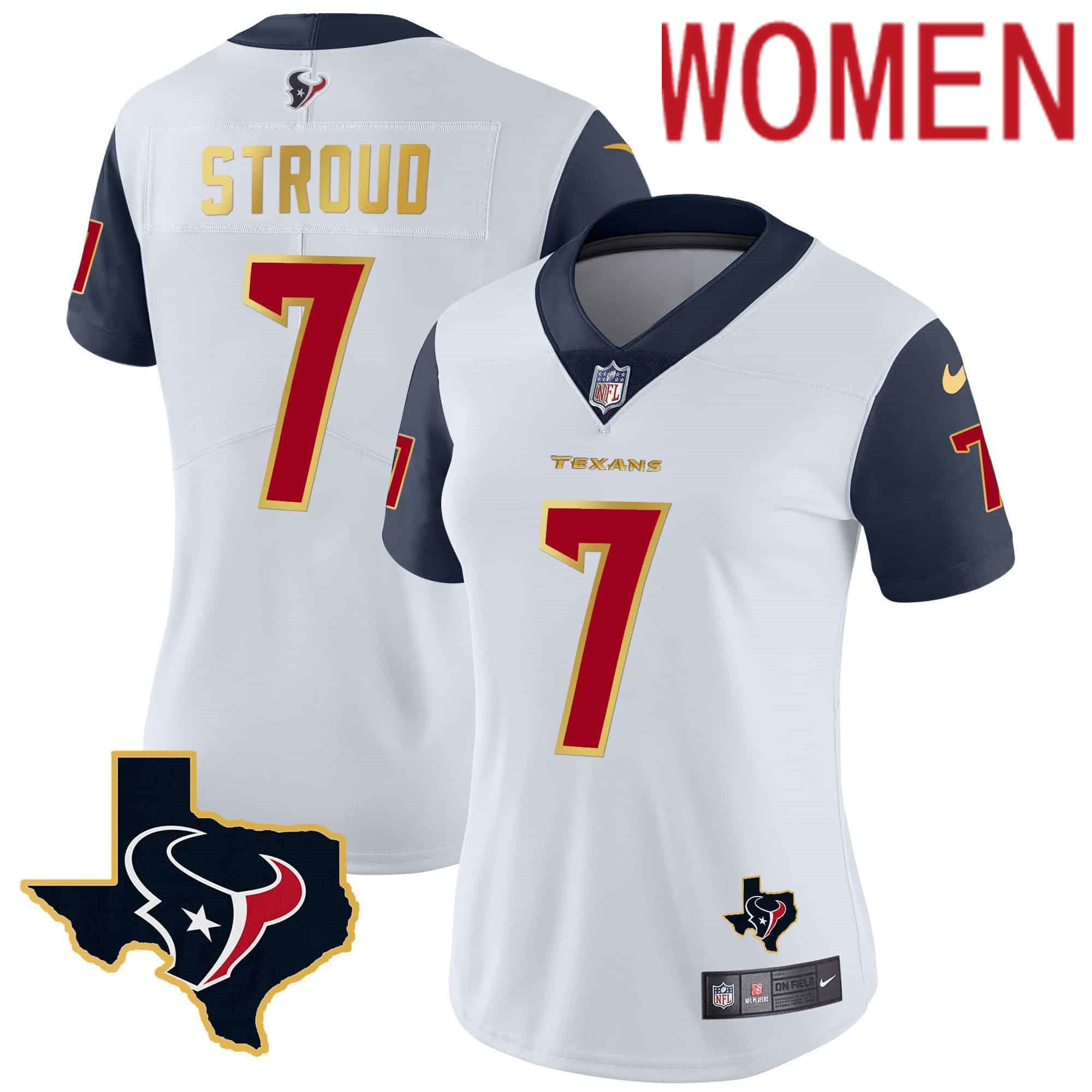 Women Houston Texans #7 Stroud White Gold 2024 Nike Trim Vapor NFL Jersey style 1->women nfl jersey->Women Jersey